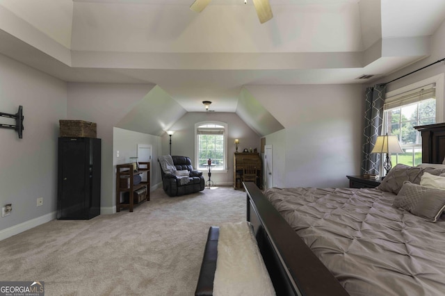 481 Fields Ferry Dr NE, Calhoun, GA 30701 - carpeted bedroom featuring multiple windows, vaulted ceiling, and a ceiling fan