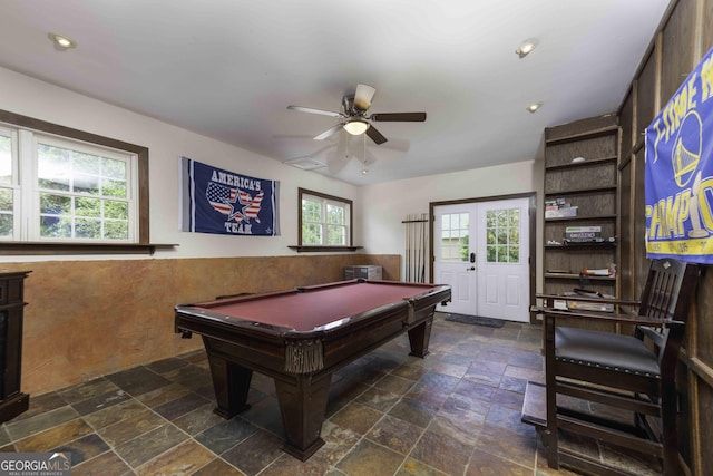 481 Fields Ferry Dr NE, Calhoun, GA 30701 - rec room with stone tile floors, a wainscoted wall, ceiling fan, pool table, and recessed lighting