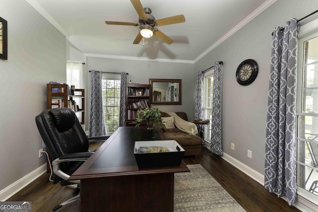 481 Fields Ferry Dr NE, Calhoun, GA 30701 - office area with a ceiling fan, ornamental molding, and wood finished floors