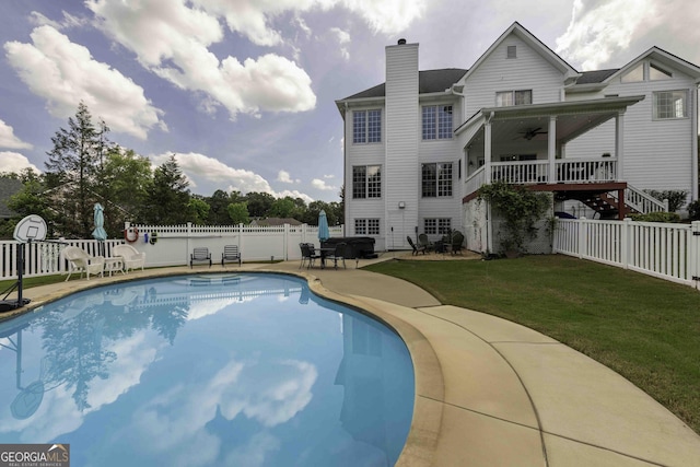 481 Fields Ferry Dr NE, Calhoun, GA 30701 - view of swimming pool with ceiling fan, a fenced backyard, stairway, and a patio area