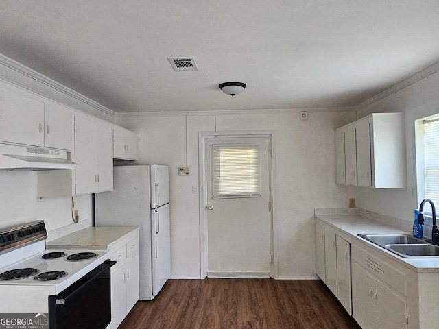 1055 Scruggs Cir, Bartow, GA 30413 - kitchen with white appliances, under cabinet range hood, dark wood-type flooring, white cabinetry, and crown molding