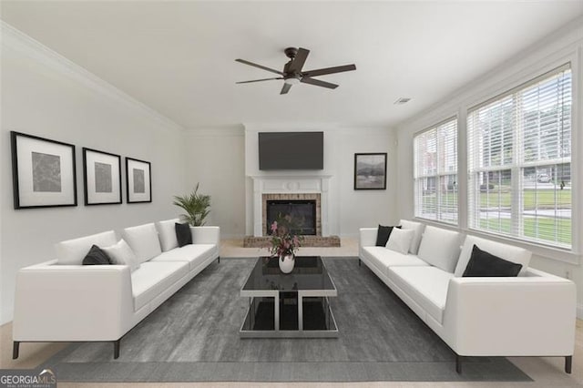 3366 Bridge Walk Dr, Lawrenceville, GA 30044 - living area with a ceiling fan, a fireplace, and crown molding