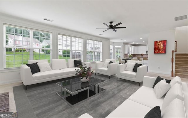 3366 Bridge Walk Dr, Lawrenceville, GA 30044 - living room with ceiling fan, stairs, recessed lighting, and wood finished floors