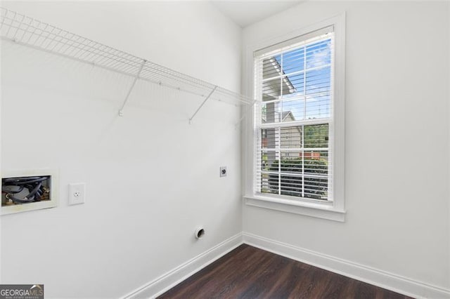 3366 Bridge Walk Dr, Lawrenceville, GA 30044 - washroom featuring electric dryer hookup, dark wood finished floors, and plenty of natural light