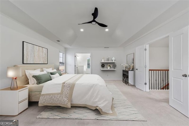 3366 Bridge Walk Dr, Lawrenceville, GA 30044 - bedroom with recessed lighting, light carpet, a ceiling fan, and a tray ceiling