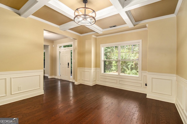 10 Ridgeview Ct, Newnan, GA 30263 - empty room with coffered ceiling, a chandelier, wainscoting, beam ceiling, and dark wood-style floors