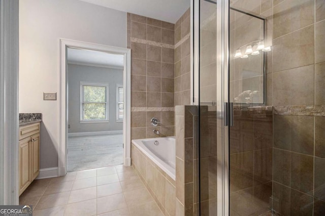 1836 Preserve Way, Brookhaven, GA 30341 - bathroom with vanity, a bath, tile patterned flooring, and a stall shower
