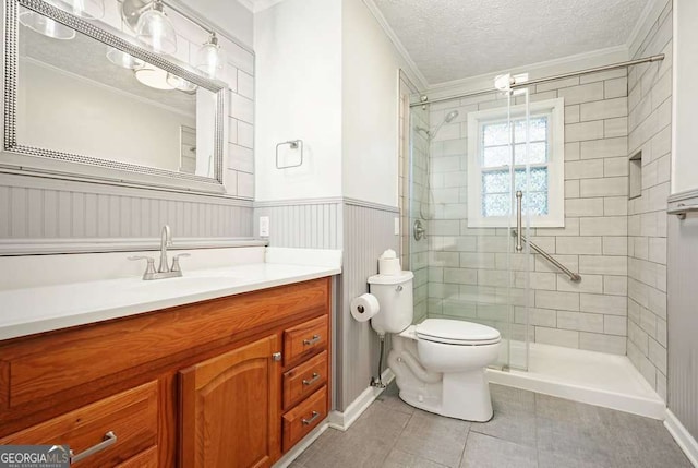 4212 Worth St NW, Acworth, GA 30101 - full bath featuring ornamental molding, a stall shower, tile patterned flooring, vanity, and a textured ceiling