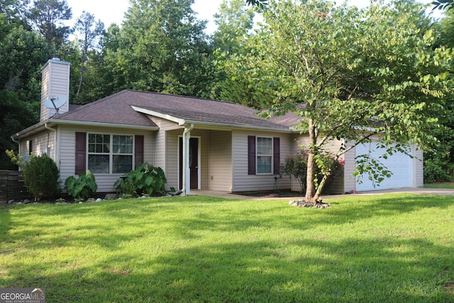 320 Cainbridge Mdws, Demorest, GA 30535 - single story home with an attached garage, a chimney, a front yard, and a shingled roof