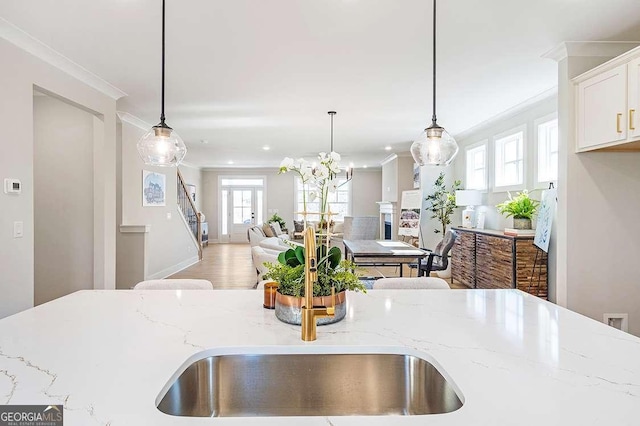 164 Palm St, Holly Springs, GA 30188 - kitchen featuring crown molding, light stone counters, open floor plan, hanging light fixtures, and white cabinets