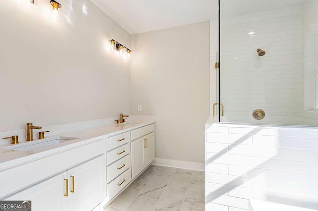 164 Palm St, Holly Springs, GA 30188 - full bath featuring tiled shower, marble look tiles, and double vanity