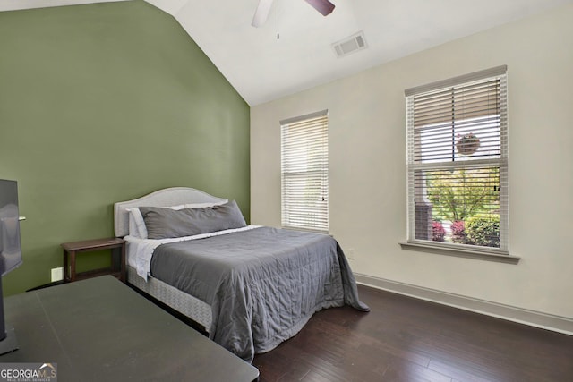 5640 Hammock Way, Cumming, GA 30028 - bedroom featuring wood finished floors, vaulted ceiling, and ceiling fan