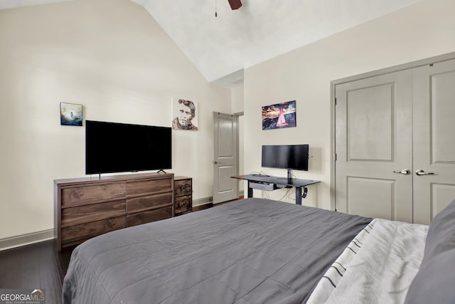 5640 Hammock Way, Cumming, GA 30028 - bedroom with wood finished floors, a ceiling fan, and high vaulted ceiling