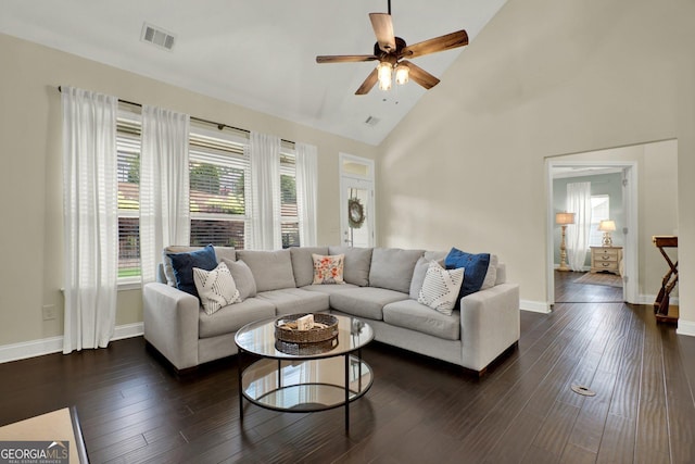 5640 Hammock Way, Cumming, GA 30028 - living area with ceiling fan, dark wood finished floors, and high vaulted ceiling