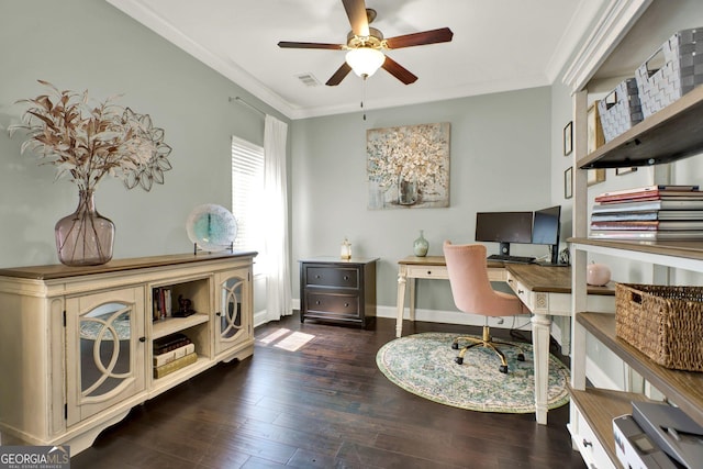 5640 Hammock Way, Cumming, GA 30028 - office space featuring a ceiling fan, hardwood / wood-style floors, and ornamental molding