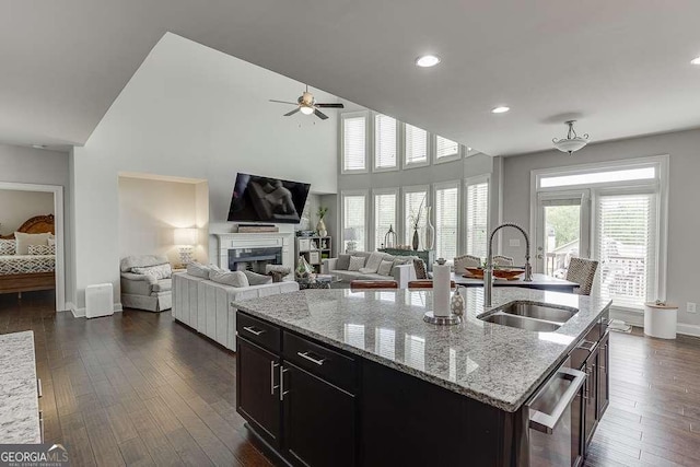 1830 Secretariat Gait Way, Suwanee, GA 30024 - kitchen with a fireplace, dishwasher, dark wood-type flooring, recessed lighting, and a towering ceiling