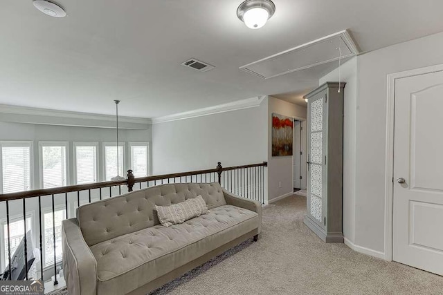 1830 Secretariat Gait Way, Suwanee, GA 30024 - hallway featuring attic access, carpet flooring, and crown molding