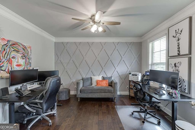 1830 Secretariat Gait Way, Suwanee, GA 30024 - home office with a decorative wall, crown molding, wood-type flooring, and ceiling fan