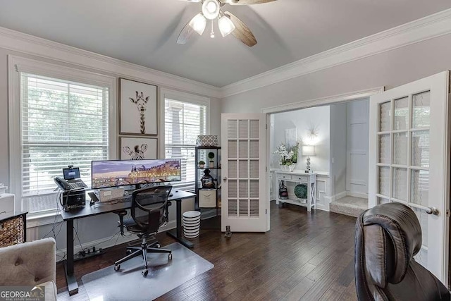1830 Secretariat Gait Way, Suwanee, GA 30024 - office area featuring a ceiling fan, ornamental molding, wood finished floors, and french doors
