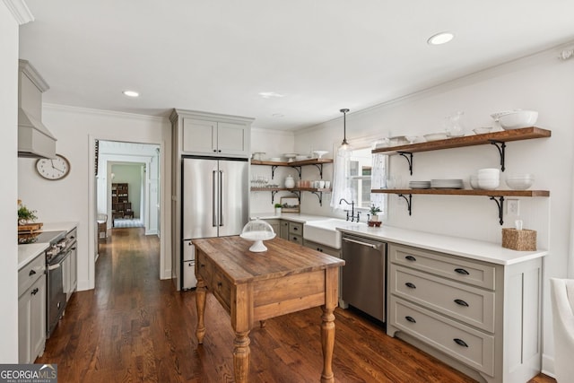 5095 Karr Rd, Cumming, GA 30040 - kitchen with open shelves, high quality appliances, gray cabinets, dark wood-style floors, and light countertops