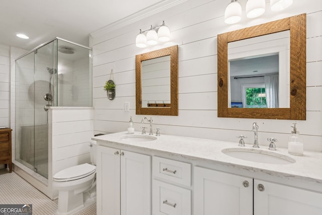 5095 Karr Rd, Cumming, GA 30040 - full bathroom with double vanity, a stall shower, and tile patterned floors