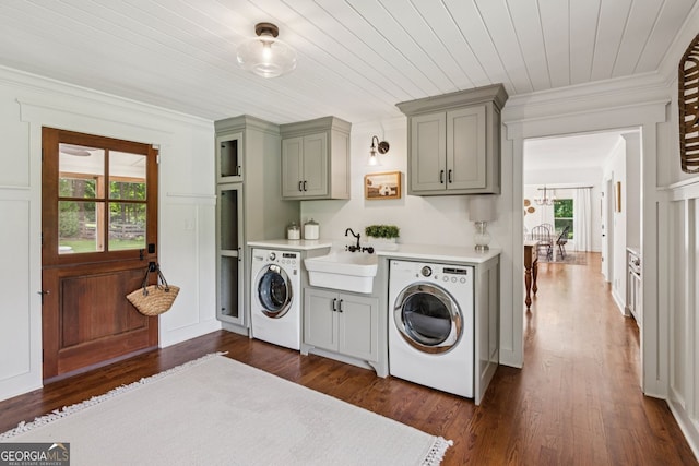 5095 Karr Rd, Cumming, GA 30040 - laundry room with washer / clothes dryer, crown molding, dark wood finished floors, cabinet space, and wooden ceiling