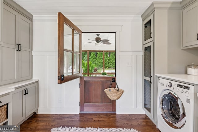 5095 Karr Rd, Cumming, GA 30040 - washroom featuring washer / dryer, cabinet space, a decorative wall, dark wood-type flooring, and ceiling fan