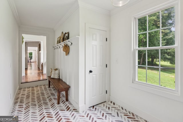5095 Karr Rd, Cumming, GA 30040 - mudroom featuring brick flooring and ornamental molding