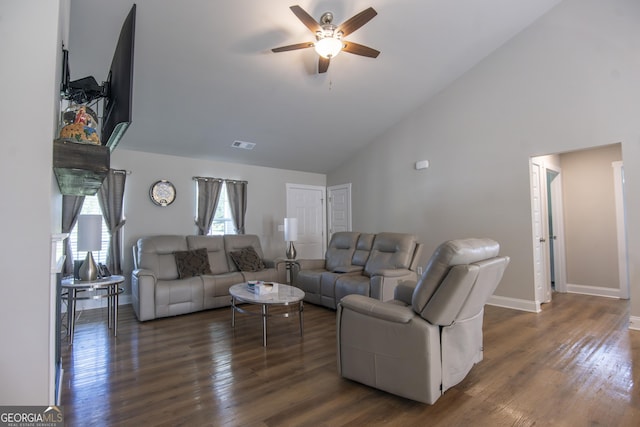 11 Rachel Ln, Hartwell, GA 30643 - living area featuring high vaulted ceiling, ceiling fan, and wood finished floors