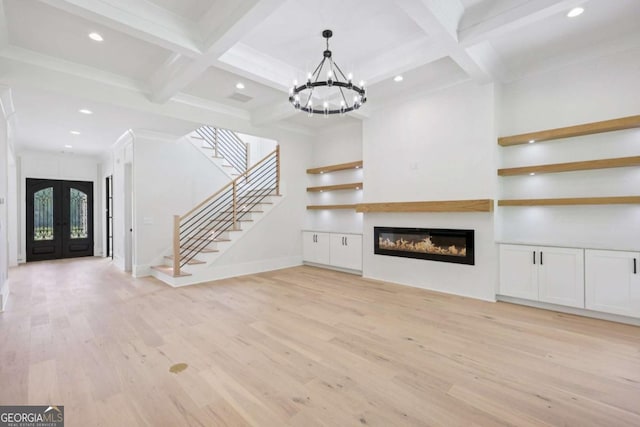 3205 Bold Springs Rd, Dacula, GA 30019 - unfurnished living room featuring french doors, light wood-type flooring, stairway, recessed lighting, and coffered ceiling