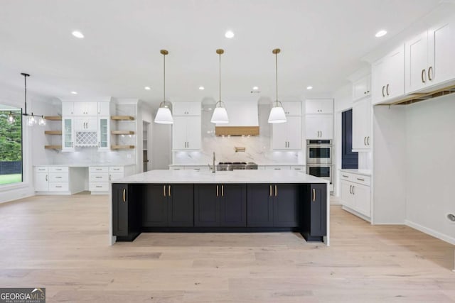 3205 Bold Springs Rd, Dacula, GA 30019 - kitchen with open shelves, tasteful backsplash, light countertops, white cabinetry, and recessed lighting