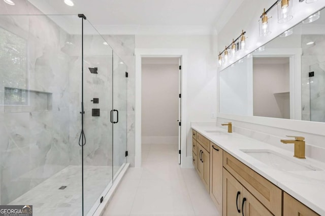 3205 Bold Springs Rd, Dacula, GA 30019 - bathroom featuring a marble finish shower, double vanity, tile patterned floors, and recessed lighting