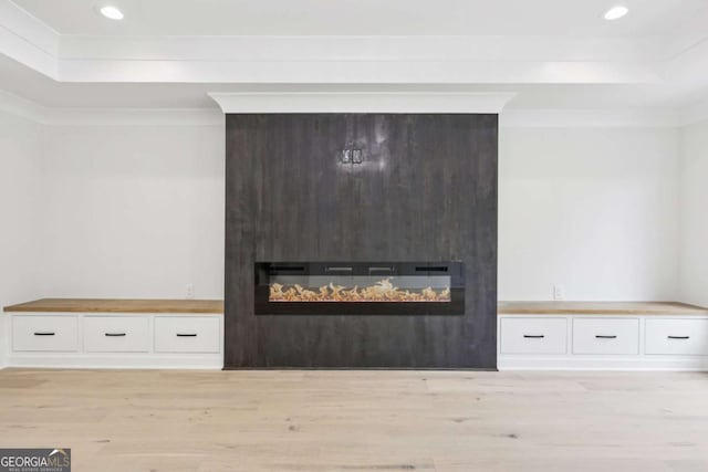 3205 Bold Springs Rd, Dacula, GA 30019 - detailed view of a fireplace, wood finished floors, recessed lighting, a raised ceiling, and crown molding
