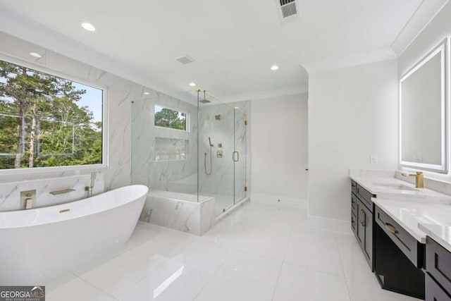 3205 Bold Springs Rd, Dacula, GA 30019 - bathroom with a marble finish shower, a soaking tub, vanity, recessed lighting, and tile patterned floors