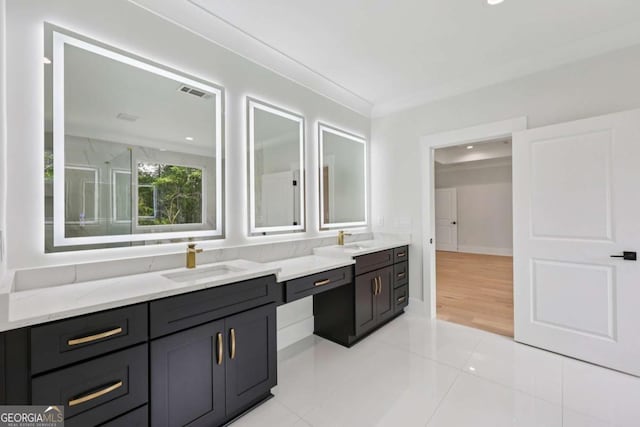 3205 Bold Springs Rd, Dacula, GA 30019 - bathroom featuring double vanity, tile patterned floors, ornamental molding, recessed lighting, and a shower