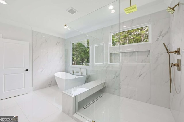3205 Bold Springs Rd, Dacula, GA 30019 - full bathroom featuring a marble finish shower, a soaking tub, tile walls, and recessed lighting