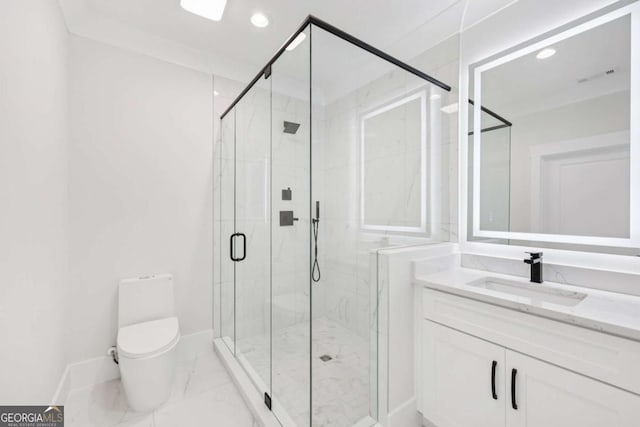 3205 Bold Springs Rd, Dacula, GA 30019 - full bathroom featuring vanity, a marble finish shower, marble finish floors, and recessed lighting