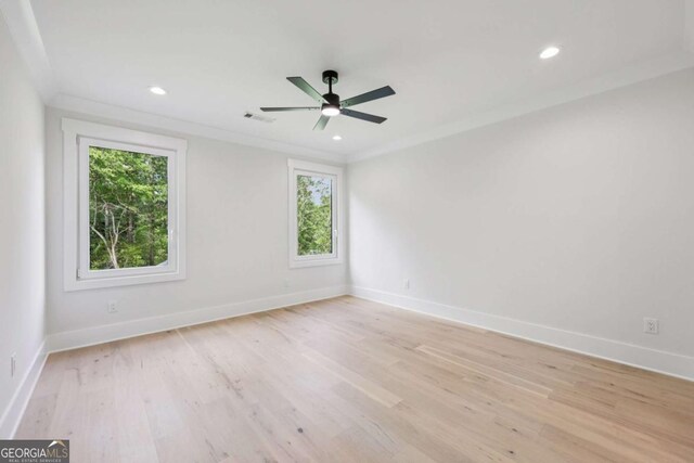 3205 Bold Springs Rd, Dacula, GA 30019 - spare room with light wood-style flooring, a ceiling fan, recessed lighting, and ornamental molding