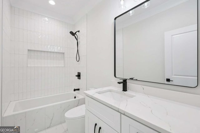 3205 Bold Springs Rd, Dacula, GA 30019 - bathroom featuring vanity, a combined bath / shower with marble appearance, and recessed lighting