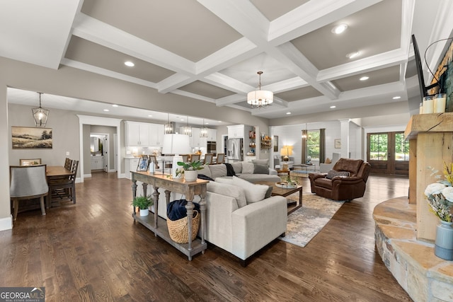 4813 Jess Helton Rd, Gainesville, GA 30506 - living area featuring dark wood-style flooring, recessed lighting, beamed ceiling, coffered ceiling, and a chandelier