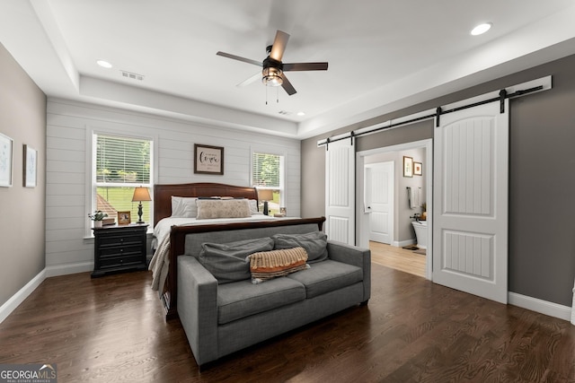 4813 Jess Helton Rd, Gainesville, GA 30506 - bedroom featuring a barn door, wood finished floors, ensuite bath, recessed lighting, and ceiling fan