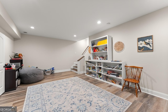 4813 Jess Helton Rd, Gainesville, GA 30506 - living area featuring stairs, wood finished floors, and recessed lighting