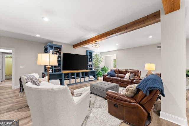4813 Jess Helton Rd, Gainesville, GA 30506 - living room with wood finished floors, beamed ceiling, and recessed lighting