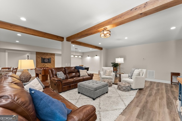 4813 Jess Helton Rd, Gainesville, GA 30506 - living area featuring beam ceiling, wood finished floors, recessed lighting, and bar