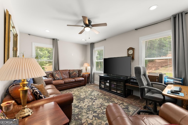 4813 Jess Helton Rd, Gainesville, GA 30506 - living room with wood finished floors, ceiling fan, recessed lighting, and a desk