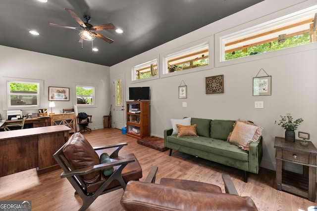 4813 Jess Helton Rd, Gainesville, GA 30506 - living area featuring ceiling fan, wood finished floors, recessed lighting, and a desk