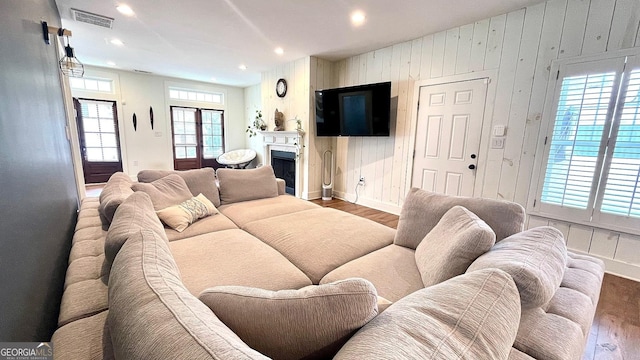 420 Ashbury Cir, Dallas, GA 30157 - living area featuring wood finished floors, wood walls, recessed lighting, and a fireplace
