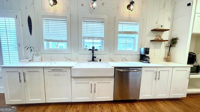 420 Ashbury Cir, Dallas, GA 30157 - kitchen featuring stainless steel dishwasher, open shelves, white cabinetry, and wood finished floors