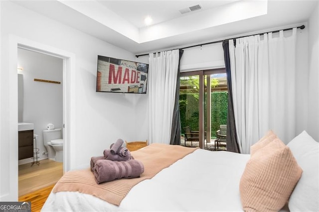 167 Sampson St, Atlanta, GA 30312 - bedroom with access to outside, wood finished floors, ensuite bath, a raised ceiling, and recessed lighting