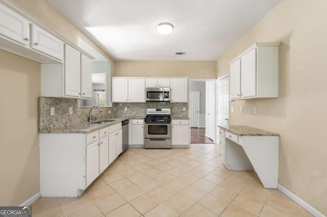 5035 Foxberry Ln, Roswell, GA 30075 - kitchen featuring stainless steel appliances, backsplash, and white cabinets